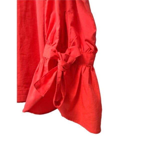 Elegant Red Long Sleeve Blouse with Bow Tie Accent on Wrists Professional Wear - Picture 3 of 5